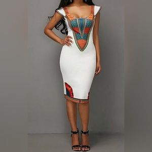 Dashiki Embroid African Bodycon White/Multicolor Dress. Size L.
